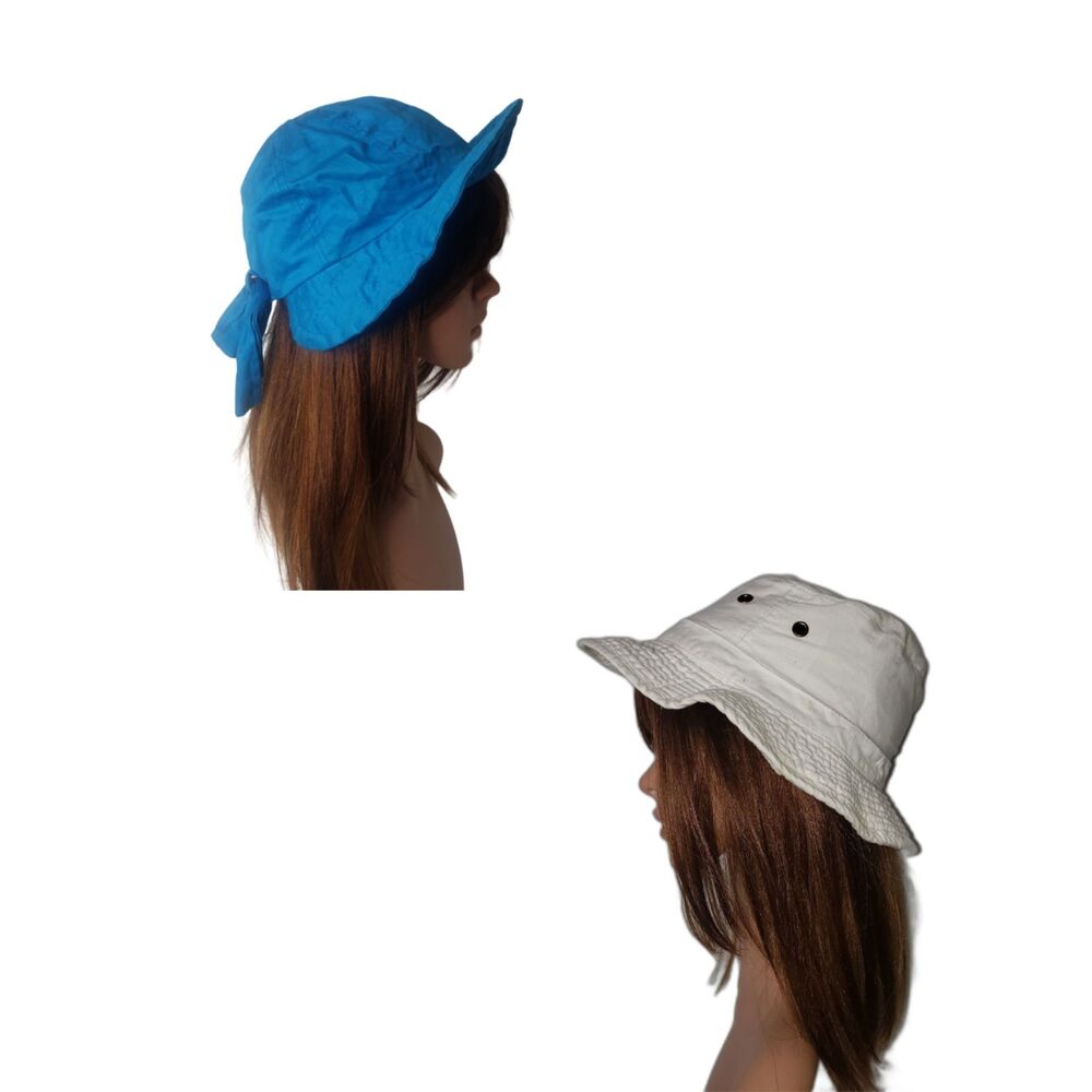Lot of Two Cotton Summer Sun Hats Blue and White One Size